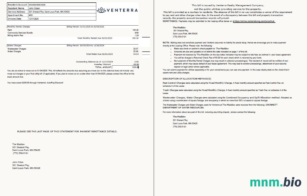 Szablon rachunku za media USA Venterra w formatach Word i PDF, 2 strony